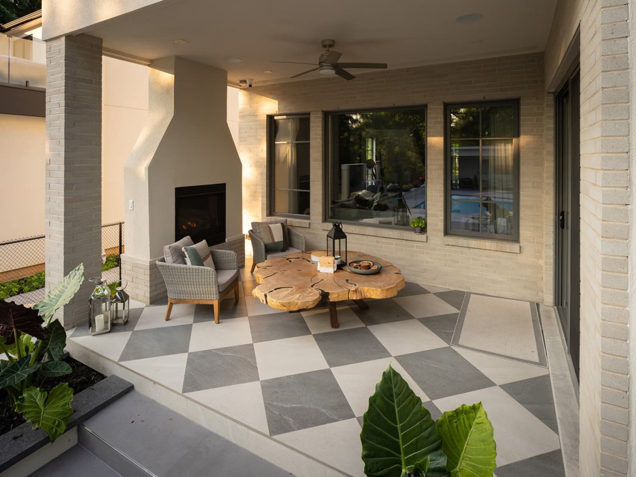 Backyard fireplace.